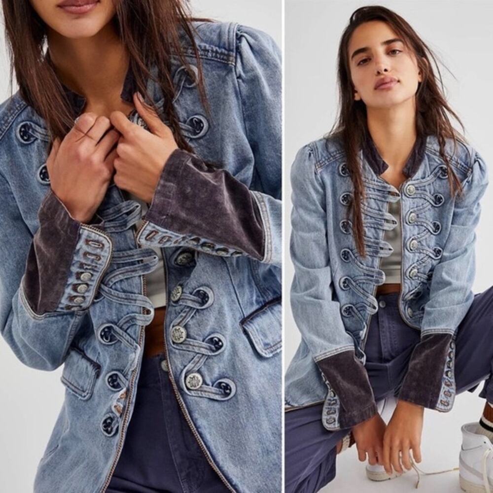 Free People Atlantic Blue Denim Seamed & Structured Military Jacket Size XS